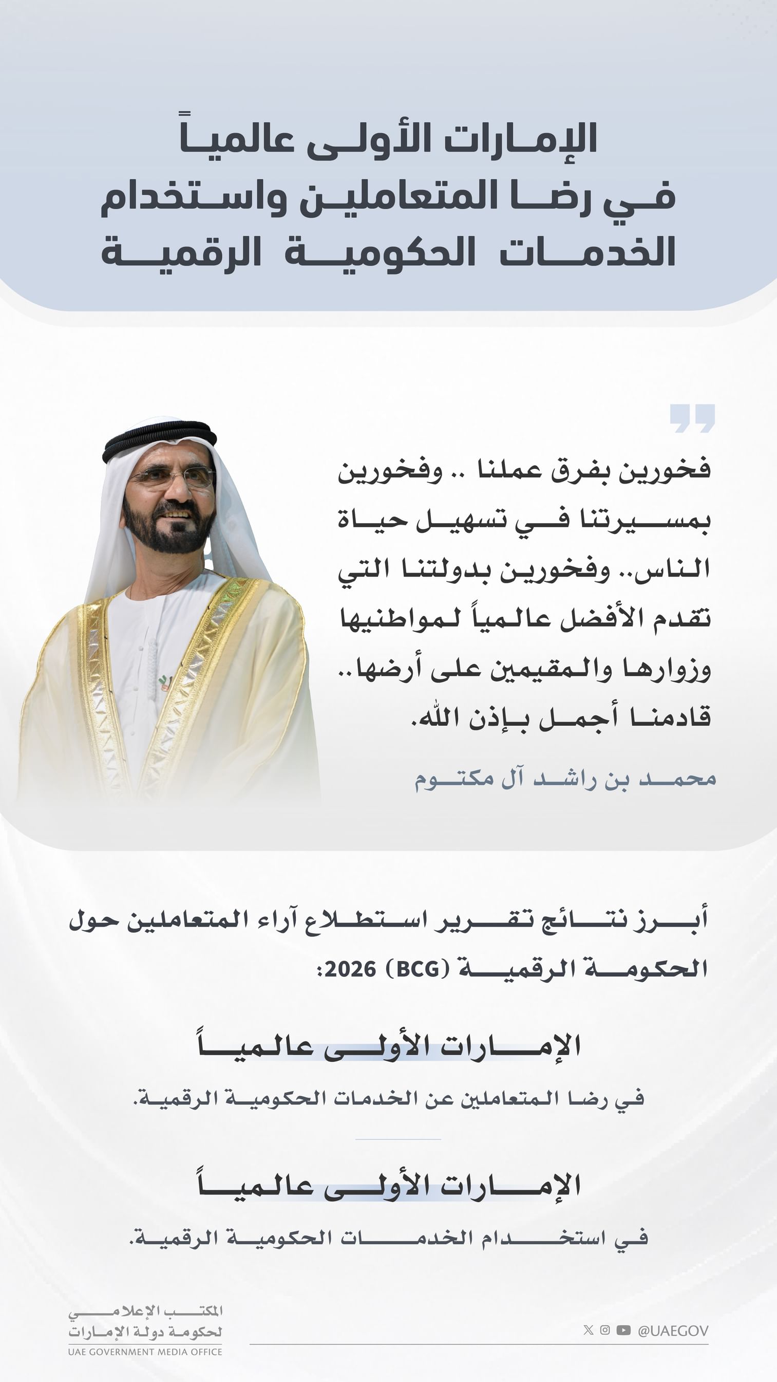 الإمارات الأولى عالميا في رضا المتعاملين واستخدام الخدمات الحكومية الرقمية